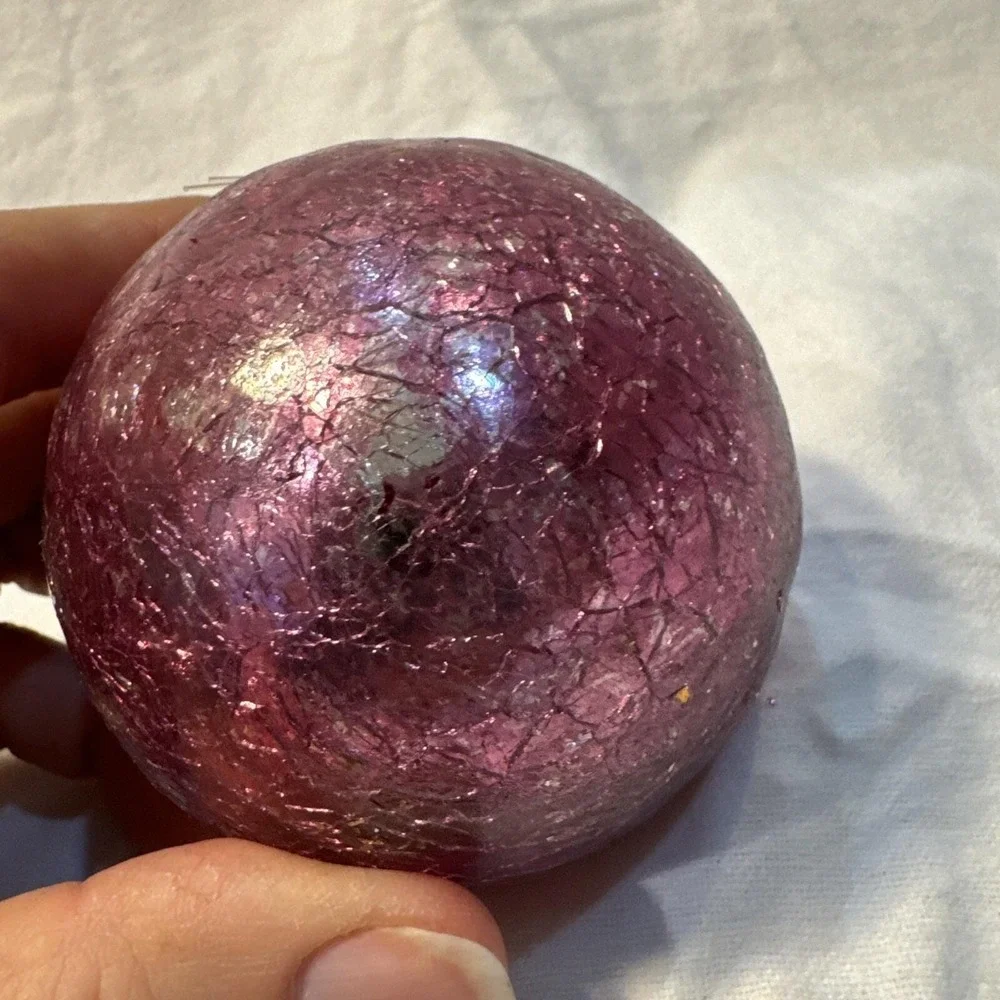 Antique GERMAN KUGEL Ornament Bulb HEAVY Pink Crackle Mercury Glass Brass Cap 3